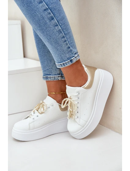 Sneakersy Damskie Na Platformie Z Ozdobami Biało-Złote Lerissna