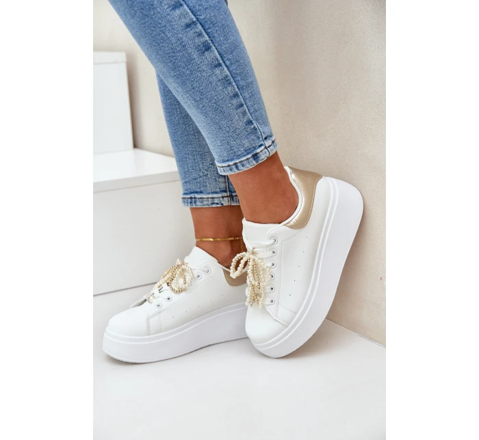 Sneakersy Damskie Na Platformie Z Ozdobami Biało-Złote Lerissna