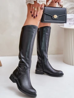 Zazoo 70140 Skórzane Kozaki Damskie Przed Kolano Ocieplane Czarne