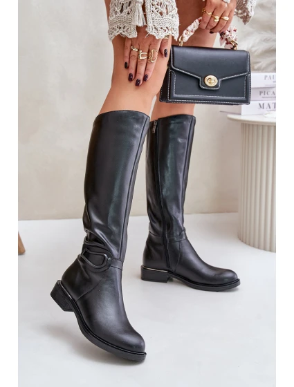 Zazoo 70140 Skórzane Kozaki Damskie Przed Kolano Ocieplane Czarne