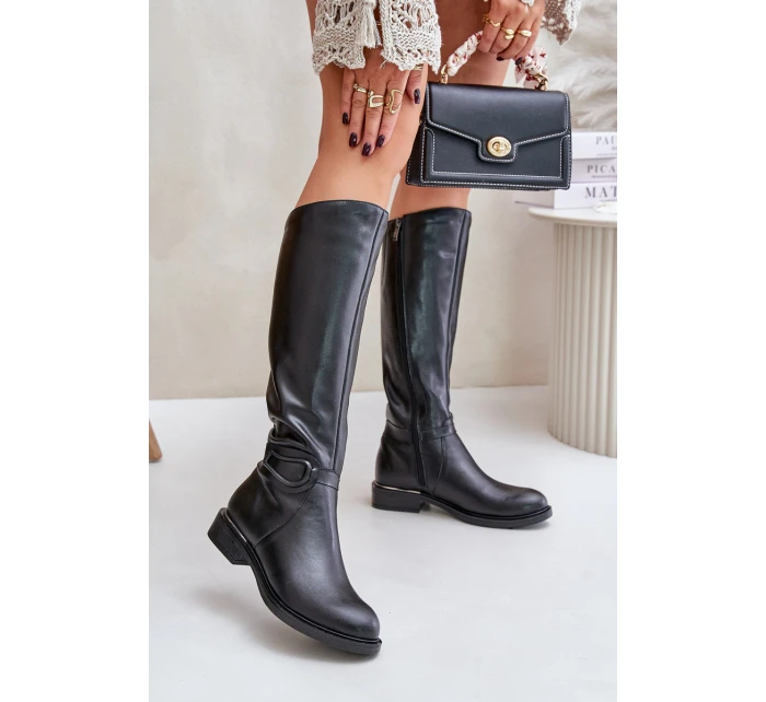 Zazoo 70140 Skórzane Kozaki Damskie Przed Kolano Ocieplane Czarne