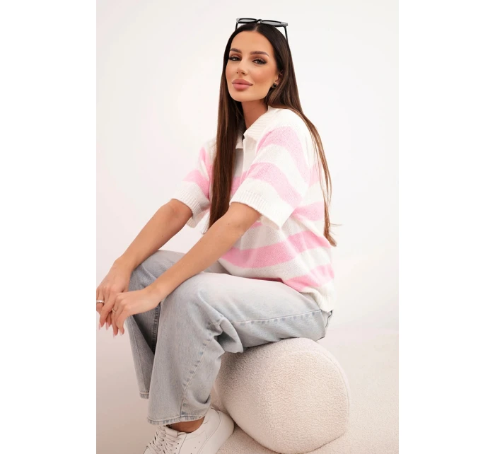 Dámský pruhovaný svetr s límcem a krátkým rukávem ecru Dámský pruhovaný svetr s límcem a krátkým rukávem ecru