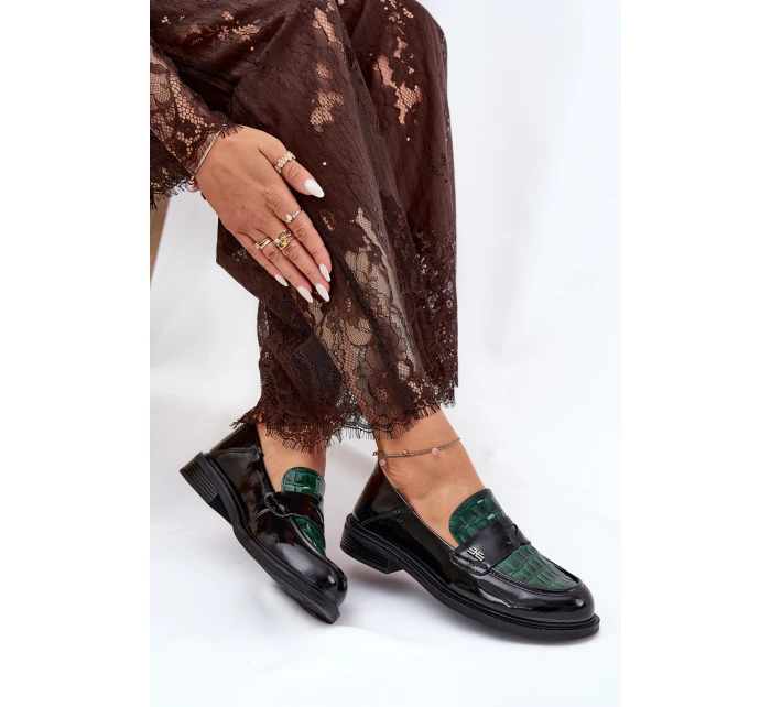 Lakierowane Skórzane Mokasyny Damskie Vinceza 91125 Zielono-Czarne
