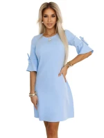 Trapézové šaty s vázáním na rukávech MODRÉ model 20947010 - numoco