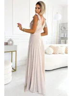 405-6 ELENA Dlhé šaty s výstrihom a viazaním na ramenách - béžové s brokátom 405-6 ELENA Dlhé šaty s výstrihom a viazaním na ramenách - béžové s brokátom