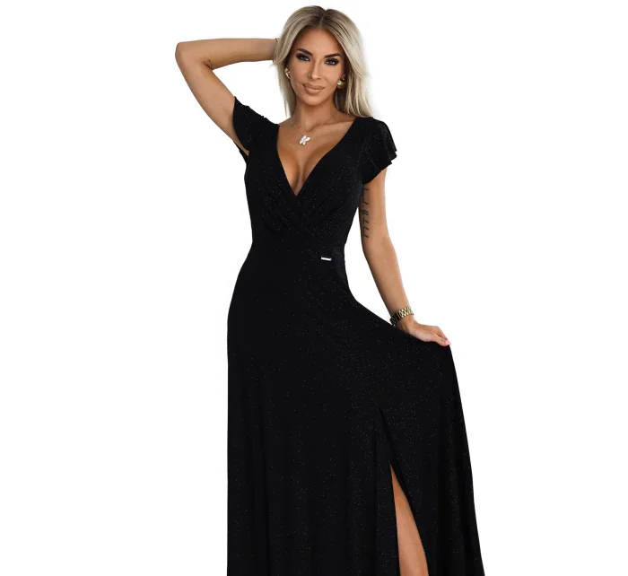411-12 CRYSTAL lesklé dlhé šaty s výstrihom - BLACK 411-12 CRYSTAL lesklé dlhé šaty s výstrihom - BLACK