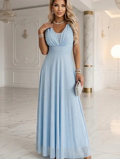 637-6 Wieczorowa długa sukienka z brokatowym akcentem i głębokim dekoltem - błękitna