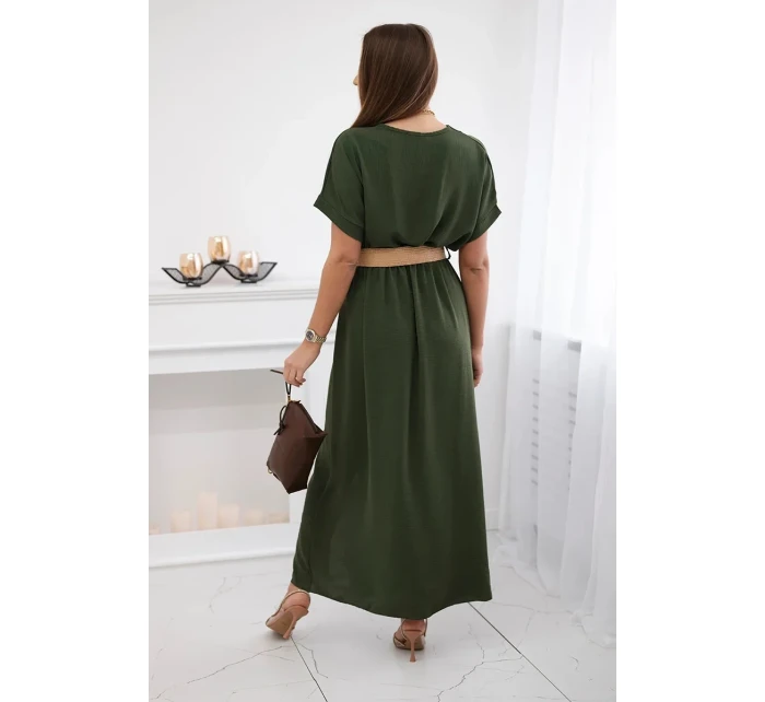 Dlhé šaty s ozdobným opaskom v khaki farbe Dlhé šaty s ozdobným opaskom v khaki farbe