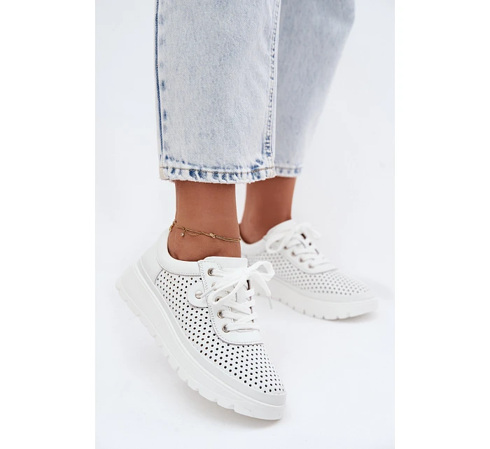 Kožené Ažurové Dámské Polobotky model 22107518 Bílé - VINCEZA