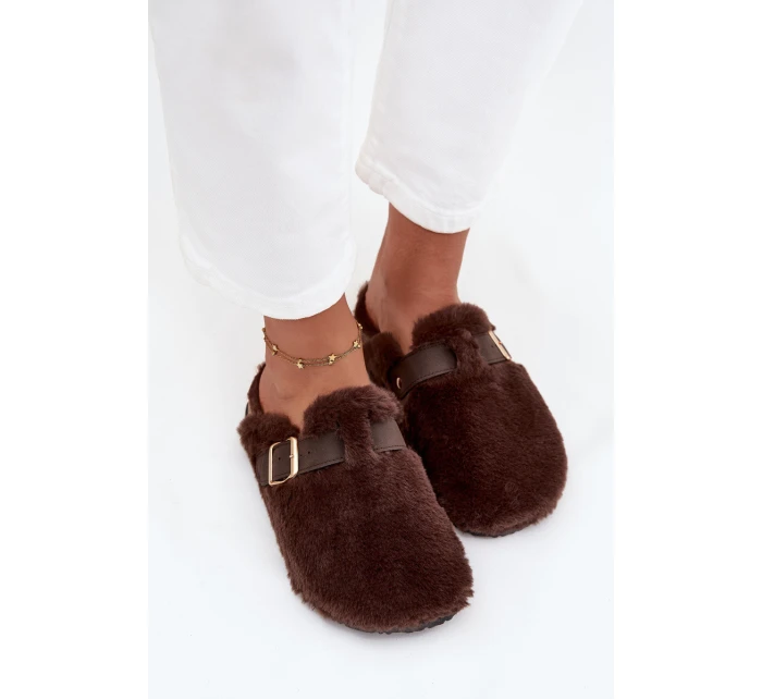 Futrzane Klapki Damskie Na Platformie Z Paskiem I Klamrą Brązowe Noraline