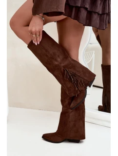 Dámske kovbojské čižmy Zalia s strapcami na podpätku - hnedé