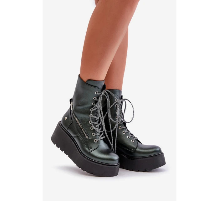 Kožené Botky Workery Na Platformě A Klínu model 21678213 Zelené - Maciejka