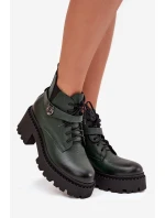 Skórzane Botki Damskie Na Klocku Z Ozdobnym Paskiem Ocieplane Zazoo 60557 Ciemnozielone