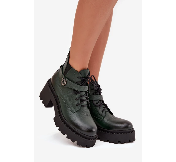 Skórzane Botki Damskie Na Klocku Z Ozdobnym Paskiem Ocieplane Zazoo 60557 Ciemnozielone