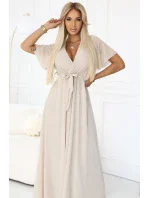 545-3 Dlhé šaty so skladaným výstrihom a spodnou časťou - BEACH 545-3 Dlhé šaty so skladaným výstrihom a spodnou časťou - BEACH