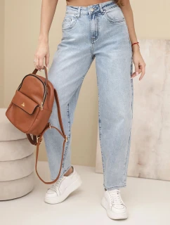 Dámské model 21961286 kalhoty s vysokým pasem džínové modré - K-Fashion