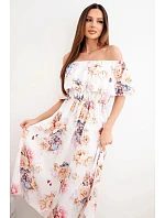 Dámské viskózové šaty model 22148024 střihu s květy béžová - K-Fashion Dámské viskózové šaty model 22148024 střihu s květy béžová - K-Fashion