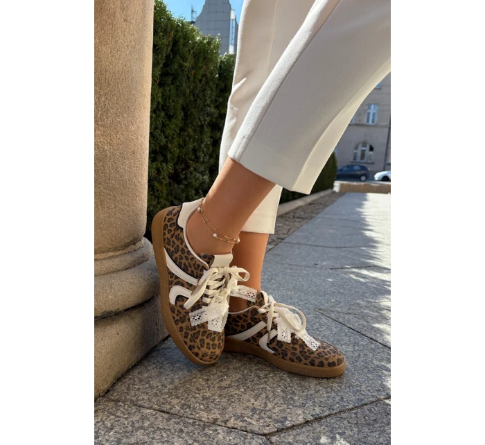 Niskie Sneakersy Damskie Z Koronką Panterka Brązowe Zielle Niskie Sneakersy Damskie Z Koronką Panterka Brązowe Zielle