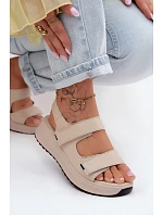 Kožené dámské sandály na platformě na suchý zip Béžové model 22136692 - EVENTO