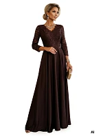 309-14 AMBER elegantné dlhé čipkované šaty s výstrihom - čokoládové