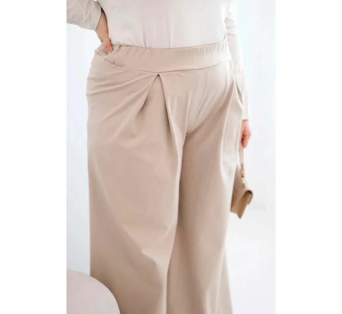 Dámske plus veľkosť široké nohavice s líhaním tmavá béžová
