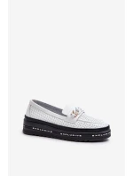 Mokasyny Damskie Skórzane Na Platformie Z Łańcuchem S.Barski LR618 Białe