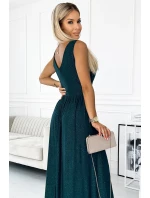 467-1 LOUISE dlhé brokátové šaty s výstrihom a rozparkom na nohách - BUTTER GREEN 467-1 LOUISE dlhé brokátové šaty s výstrihom a rozparkom na nohách - BUTTER GREEN