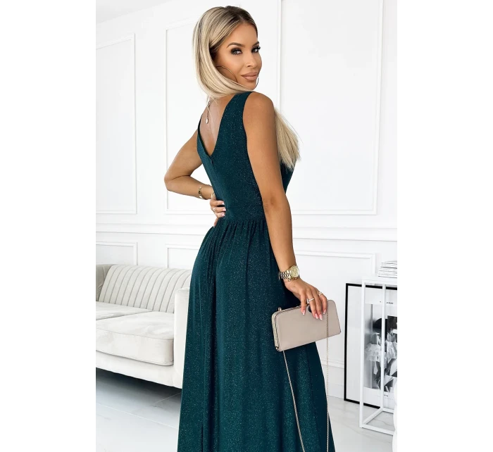 467-1 LOUISE dlhé brokátové šaty s výstrihom a rozparkom na nohách - BUTTER GREEN 467-1 LOUISE dlhé brokátové šaty s výstrihom a rozparkom na nohách - BUTTER GREEN