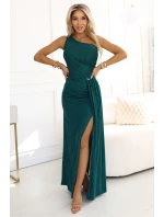 třpytivé dlouhé šaty na jedno rameno s rozparkem zelené s třpytkami model 21489880 - numoco