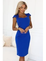 318-9 Elegantné midi šaty s krásnym výstrihom a krátkymi rukávmi - chrpy