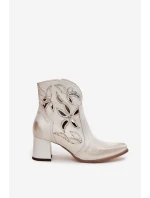 Skórzane Ażurowe Botki Damskie Na Słupku Zazoo 3647 Złoty Przecierany