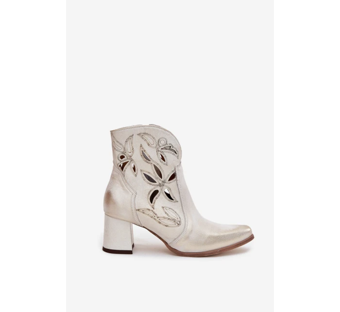 Skórzane Ażurowe Botki Damskie Na Słupku Zazoo 3647 Złoty Przecierany