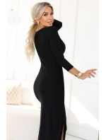 404-13 Elegantné dlhé šaty s obálkovým výstrihom a rozparkom - čierne