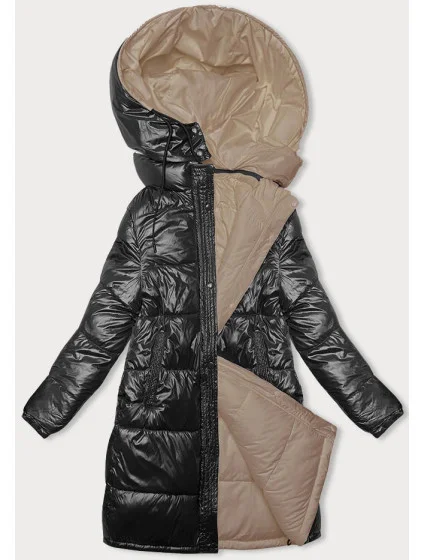 Čierno-béžová hrubšia obojstranná dámska zimná bunda (V768g)