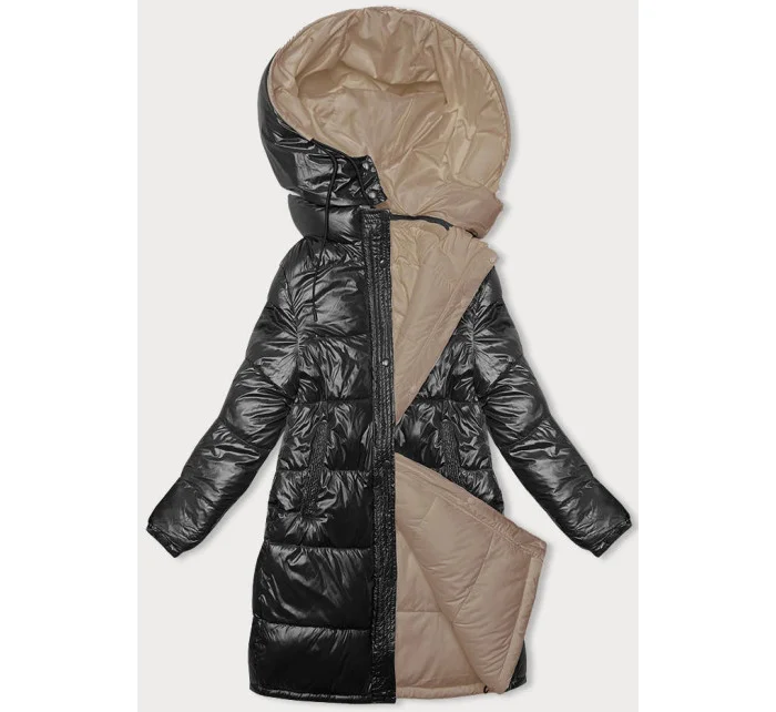 Čierno-béžová hrubšia obojstranná dámska zimná bunda (V768g)