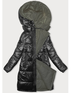 Čierno-khaki hrubšia dámska zimná obojstranná bunda (V768G)