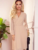 ISABELLE - Béžové dámske plisované šaty s dekoltom a dlhými rukávmi 313-9