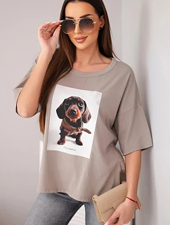 Dámska bavlnená blúzka oversize s potlačou "Dog Fashion" fango