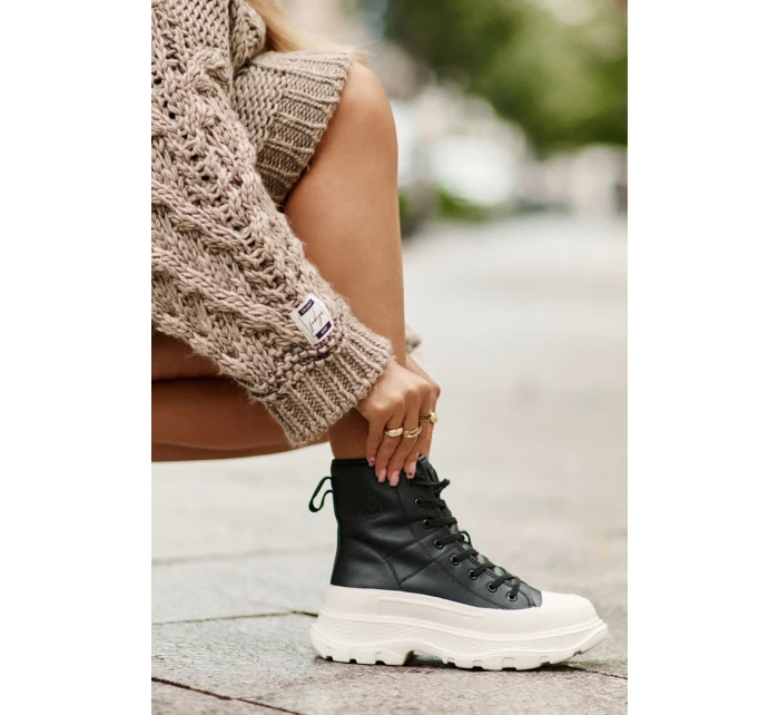 Skórzane Ocieplane Trampki Na Masywnej Platformie Big Star OO274A599 Czarne Skórzane Ocieplane Trampki Na Masywnej Platformie Big Star OO274A599 Czarne