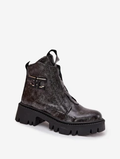 Dámske lakované čižmy Artiker - grafitové, zateplené, s ozdobou