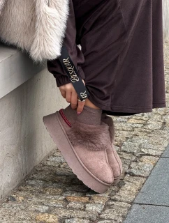 Dámske snežnice Querina na platforme s kožušinou a výšivkou - tmavo béžové