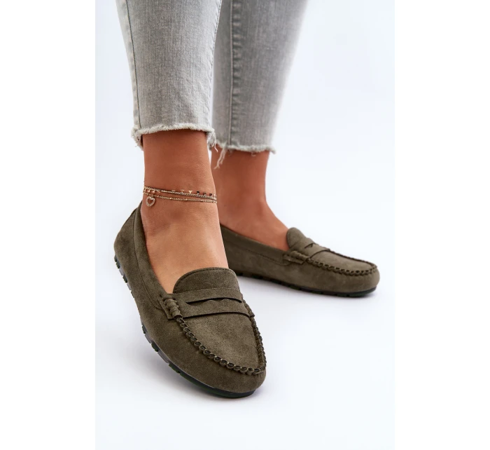 Klasyczne Mokasyny Damskie Zamszowe Ciemnozielone Glimris