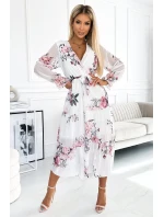 Bílé dámské midi šaty se vzorem výstřihem a páskem model 22077520 - numoco basic Bílé dámské midi šaty se vzorem výstřihem a páskem model 22077520 - numoco basic