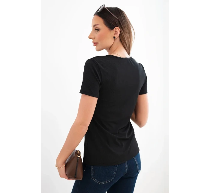 Dámská viskózová žebrovaná halenka s ozdobným výstřihem u model 22025276 černá - K-Fashion