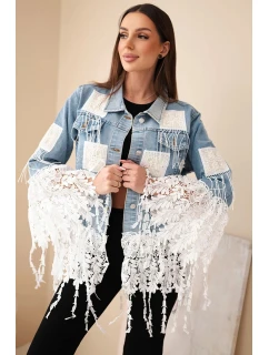 Dámska bavlnená džínsová bunda so strapcami a čipkou v boho štýle z ľahkého denimu