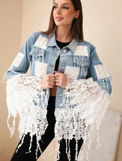 Dámska bavlnená džínsová bunda so strapcami a čipkou v boho štýle z ľahkého denimu