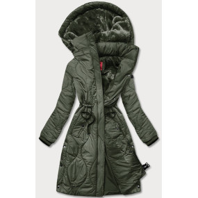 Dámska zimná bunda v olivovej farbe ku kolenám (M-21601)