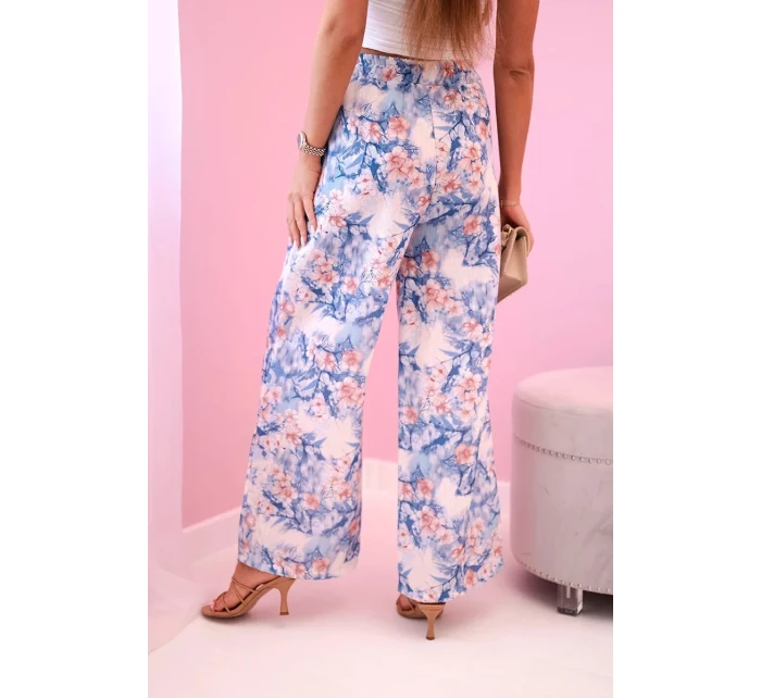 Dámske široké nohavice s kvetinovou potlačou modré