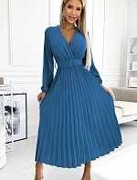 504-5 VIVIANA Plisované midi šaty s výstrihom, dlhými rukávmi a širokým opaskom - JEANS
