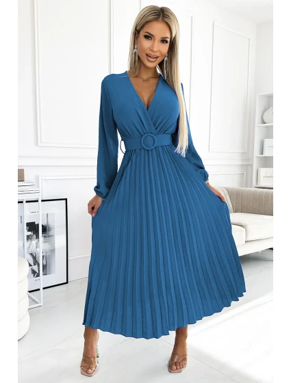 504-5 VIVIANA Plisované midi šaty s výstrihom, dlhými rukávmi a širokým opaskom - JEANS